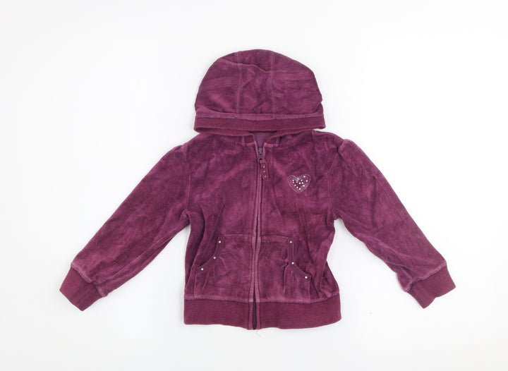 Dunnes Girls Purple Velour Full Zip Hoodie Age 4 Years Rhinestone Heart