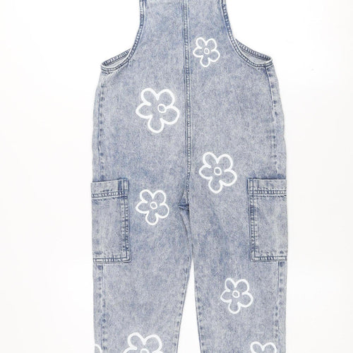 Dunnes Stores Girls Blue Denim Dungaree 6-7 Years Floral 100% Cotton