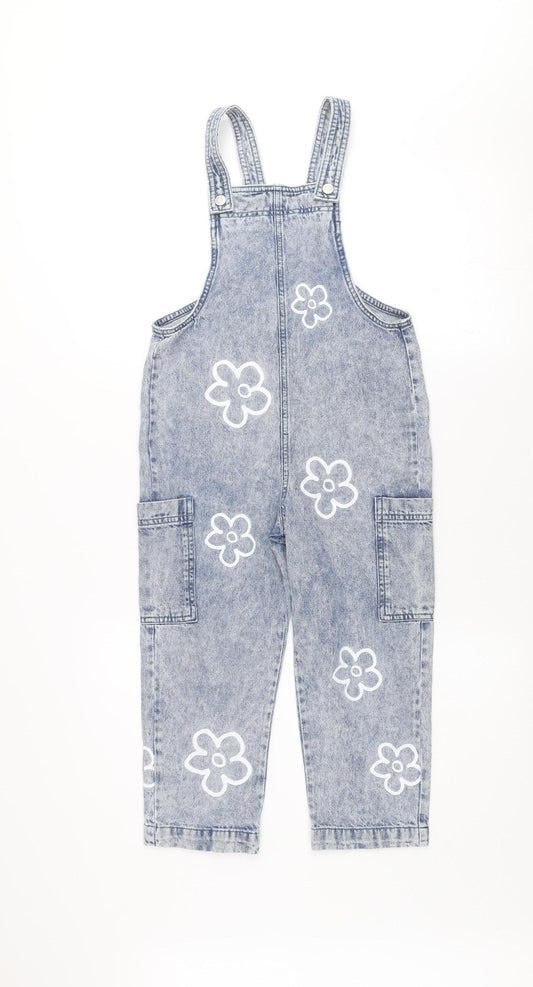 Dunnes Stores Girls Blue Denim Dungaree 6-7 Years Floral 100% Cotton