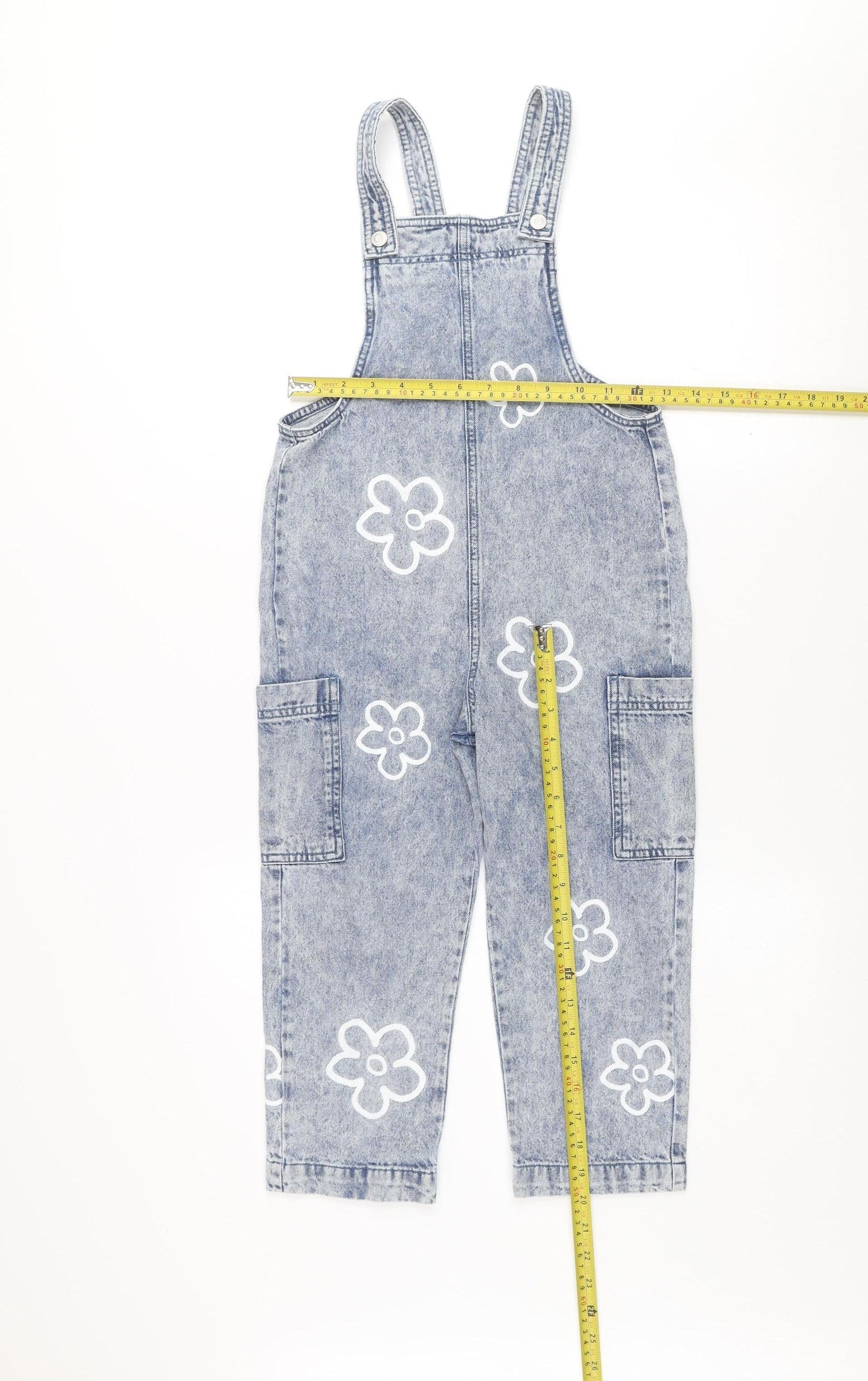 Dunnes Stores Girls Blue Denim Dungaree 6-7 Years Floral 100% Cotton