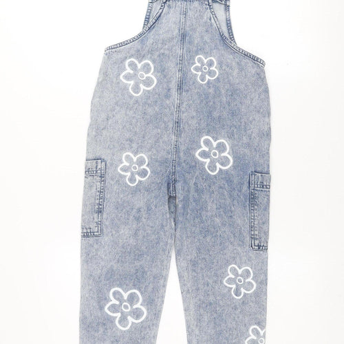 Dunnes Stores Girls Blue Denim Dungaree 6-7 Years Floral 100% Cotton
