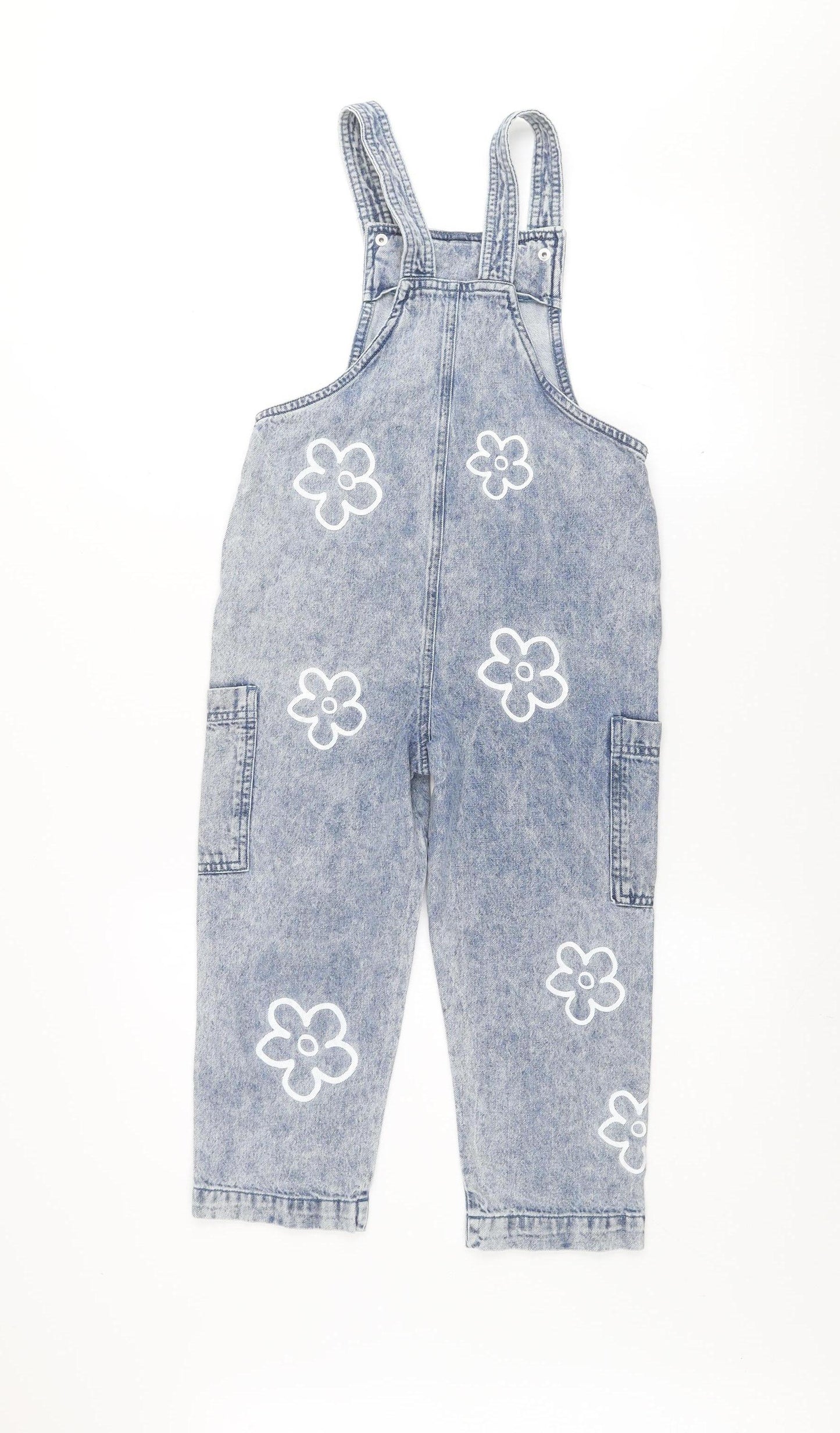 Dunnes Stores Girls Blue Denim Dungaree 6-7 Years Floral 100% Cotton