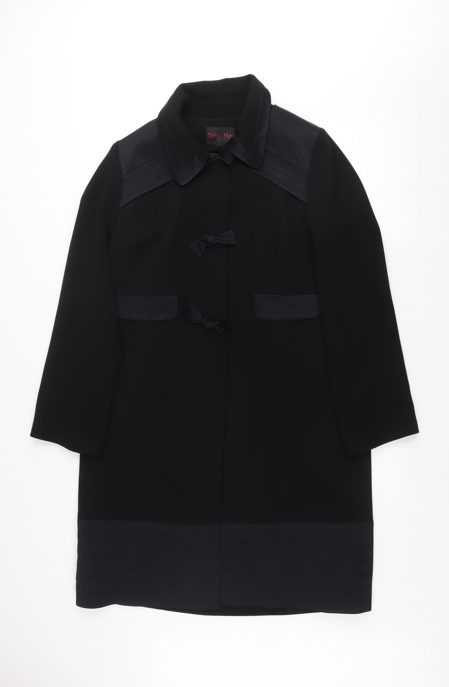 Daisy May Women’s Black Bow Detail Long Overcoat Size 14
