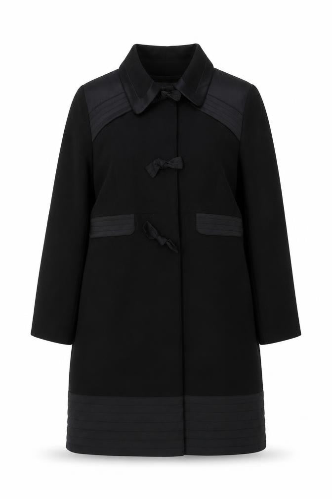 Front view of Daisy May Women’s Black Bow Detail Long Overcoat, size UK 14