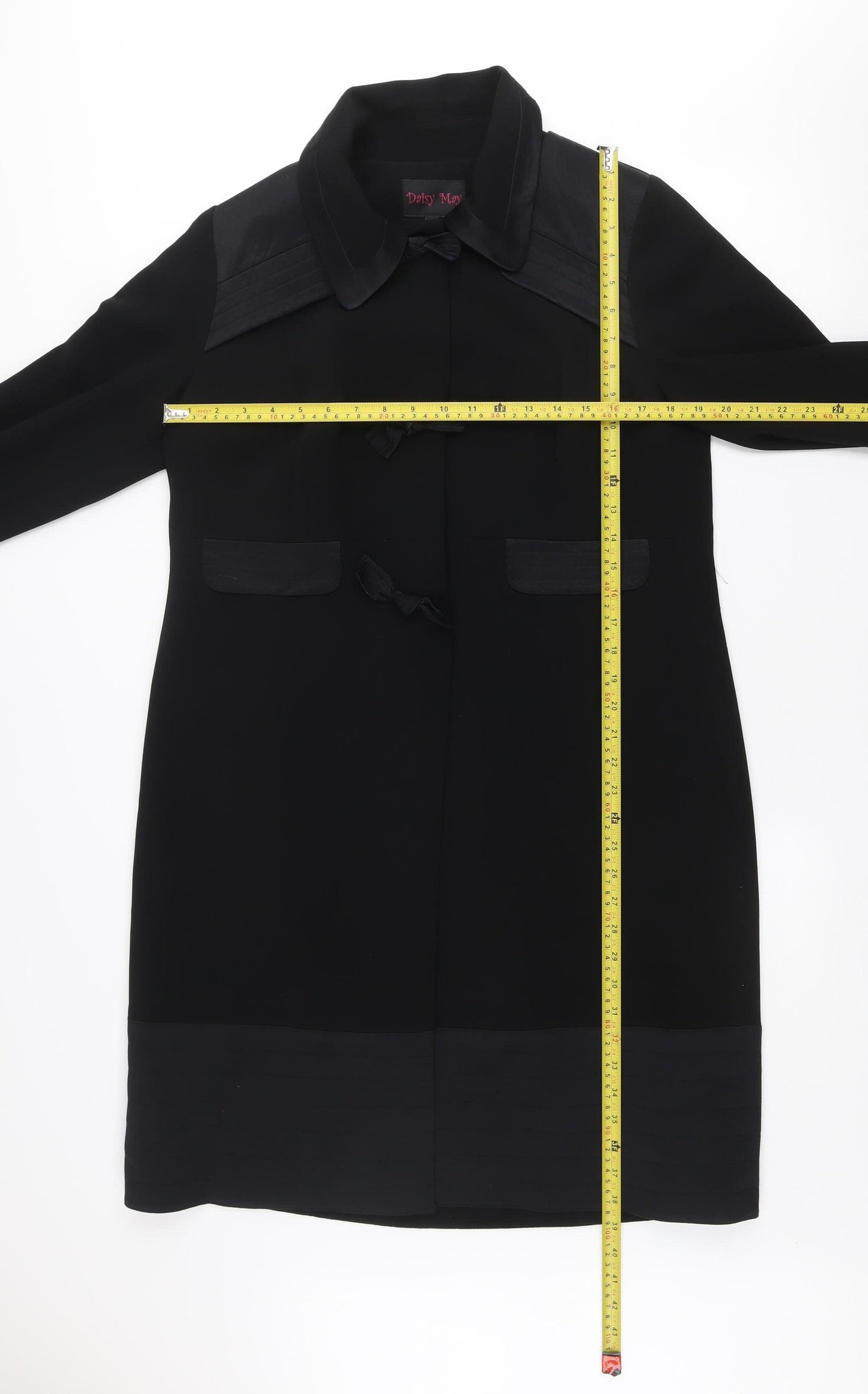 Daisy May Women’s Black Bow Detail Long Overcoat Size 14