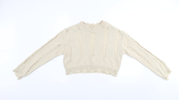Pink Vanilla Women’s Beige Distressed Knit Jumper UK M Pullover