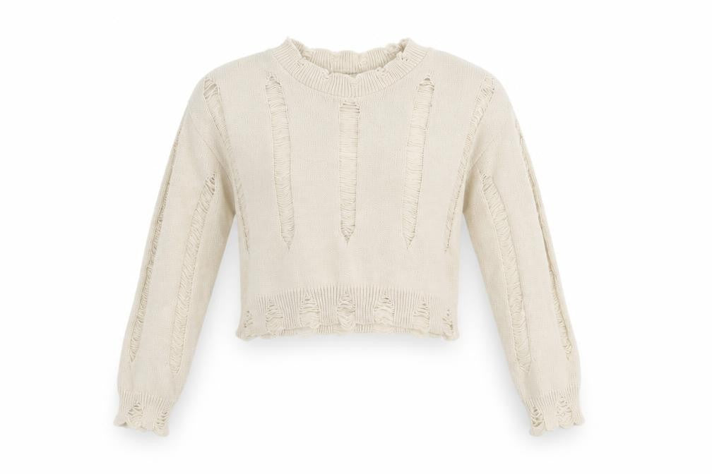 Front view of Pink Vanilla Women’s Beige Distressed Knit Jumper UK M Pullover