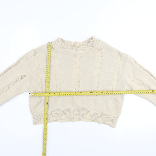 Pink Vanilla Women’s Beige Distressed Knit Jumper UK M Pullover