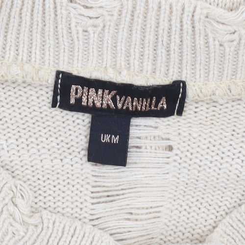 Pink Vanilla Women’s Beige Distressed Knit Jumper UK M Pullover