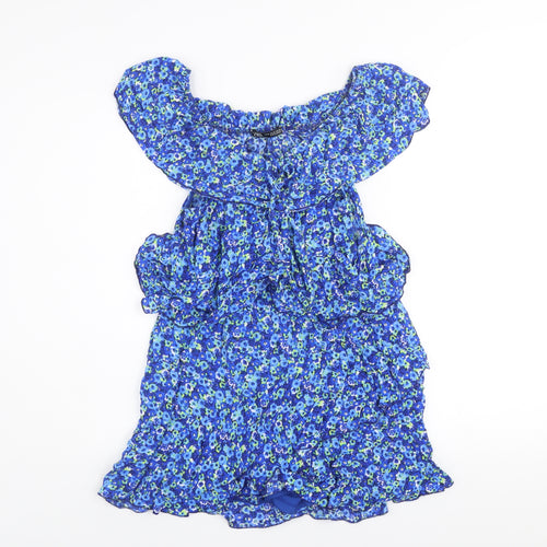 Zara Women Blue Floral Off Shoulder Ruffle Mini Dress Size 12