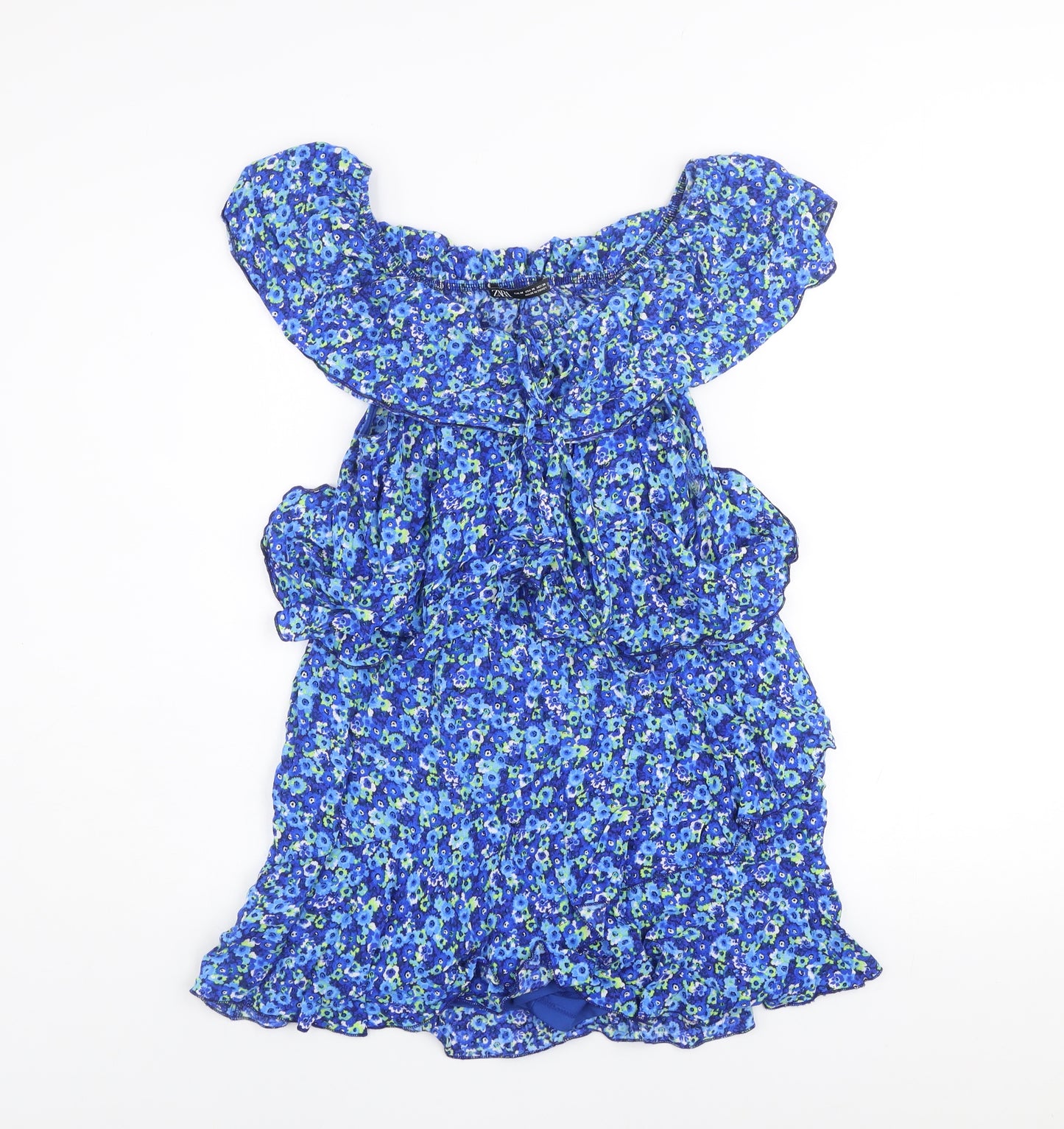 Zara Women Blue Floral Off Shoulder Ruffle Mini Dress Size 12