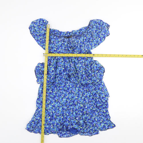 Zara Women Blue Floral Off Shoulder Ruffle Mini Dress Size 12