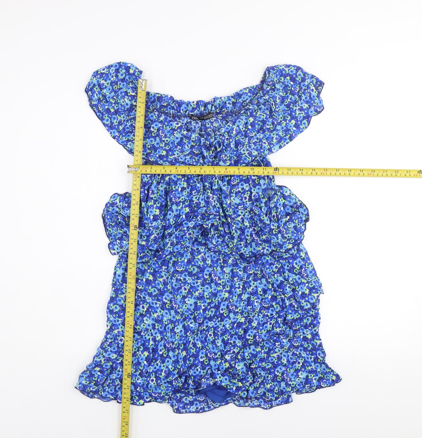 Zara Women Blue Floral Off Shoulder Ruffle Mini Dress Size 12