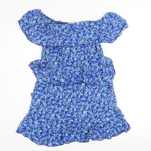 Zara Women Blue Floral Off Shoulder Ruffle Mini Dress Size 12