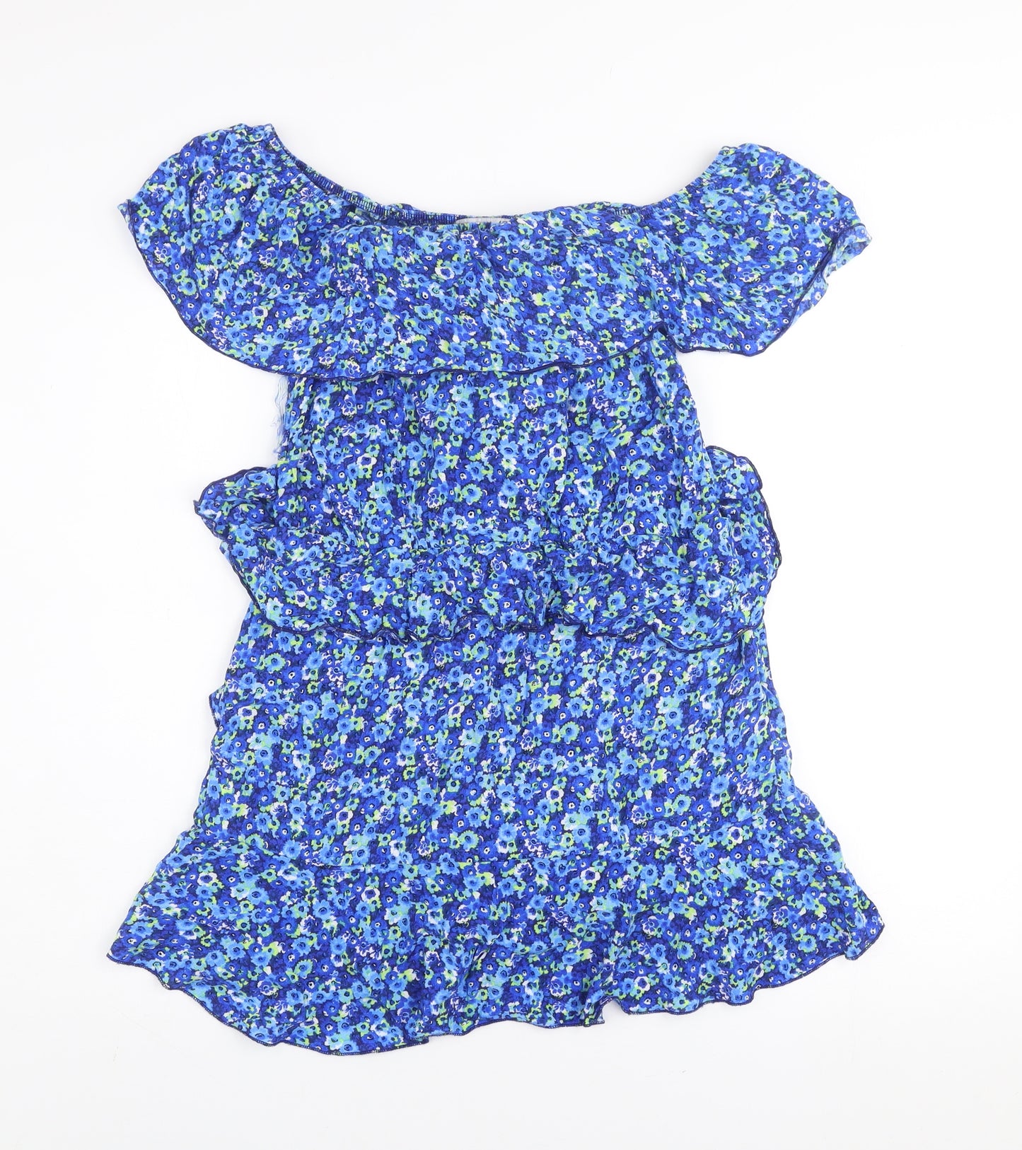 Zara Women Blue Floral Off Shoulder Ruffle Mini Dress Size 12