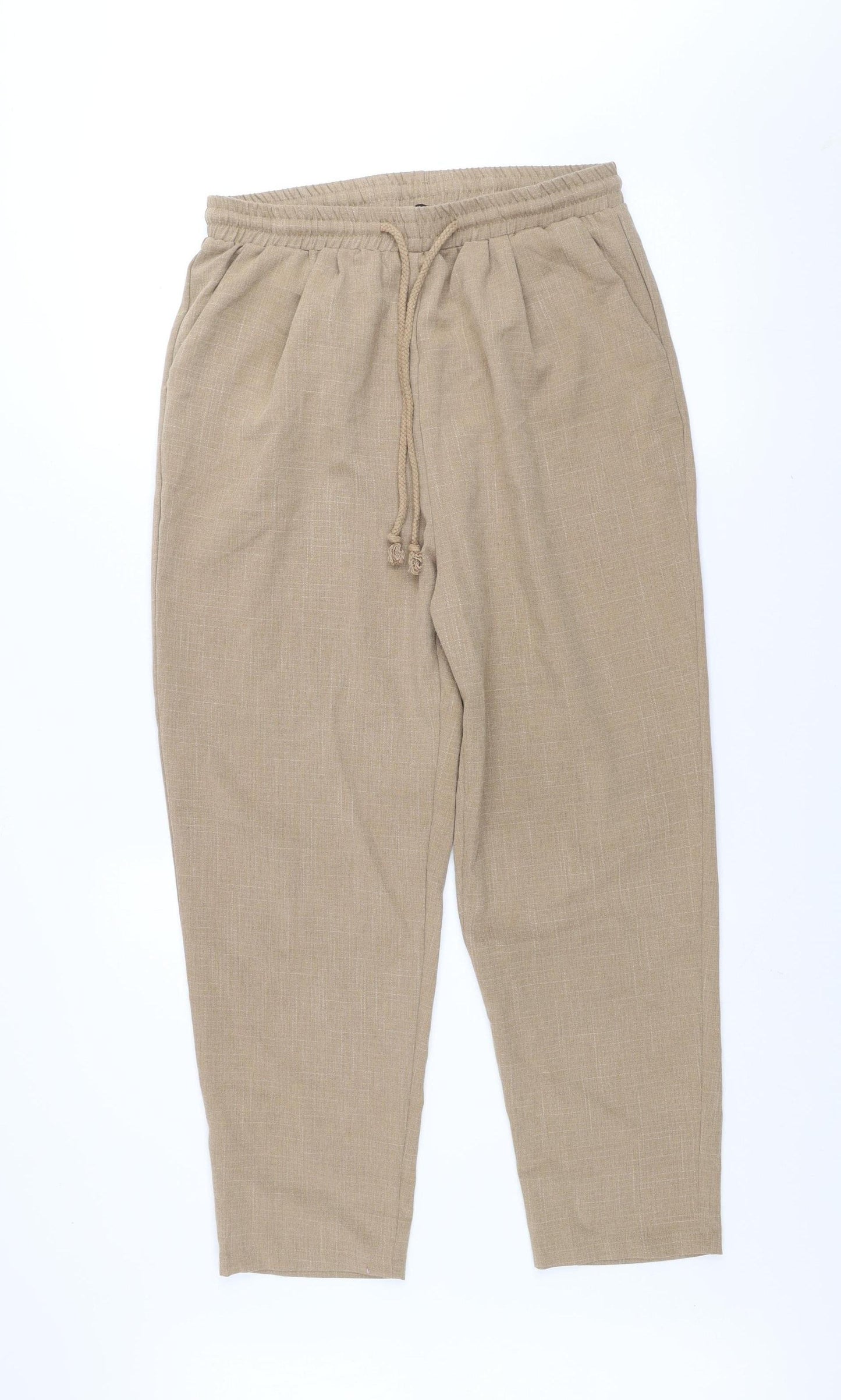 PrettyLittleThing Women’s Beige Linen Look Trousers UK 12 Elastic Waist