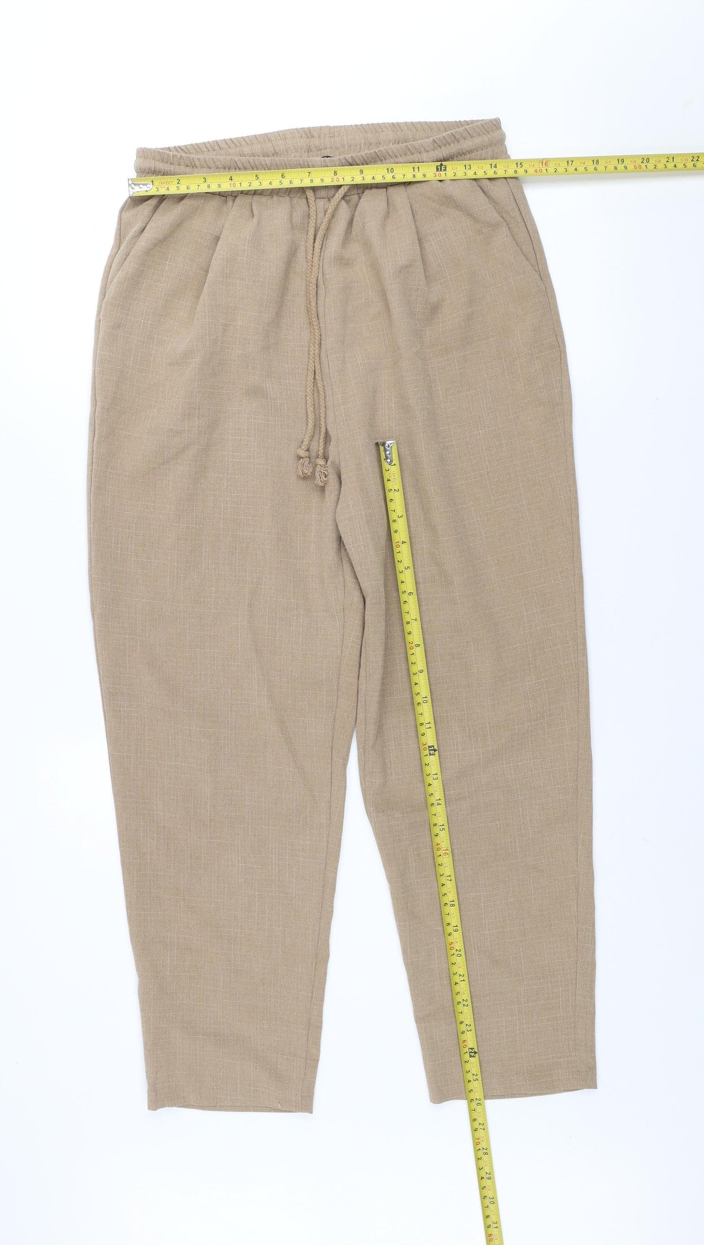 PrettyLittleThing Women’s Beige Linen Look Trousers UK 12 Elastic Waist