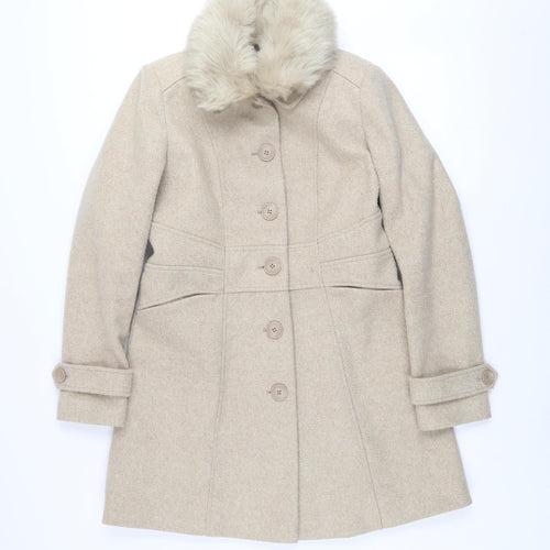 Oasis Women's Beige Faux Fur Collar Mid-Length Overcoat Size M