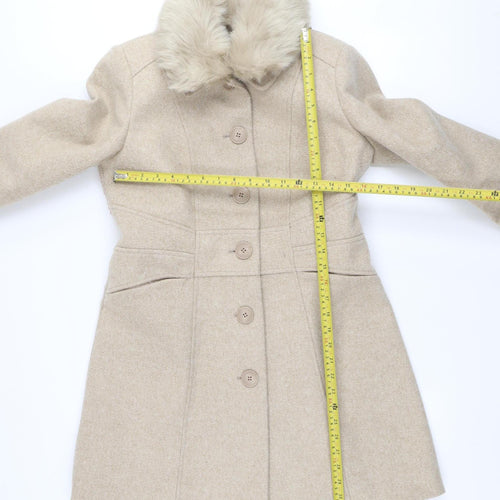 Oasis Women's Beige Faux Fur Collar Mid-Length Overcoat Size M