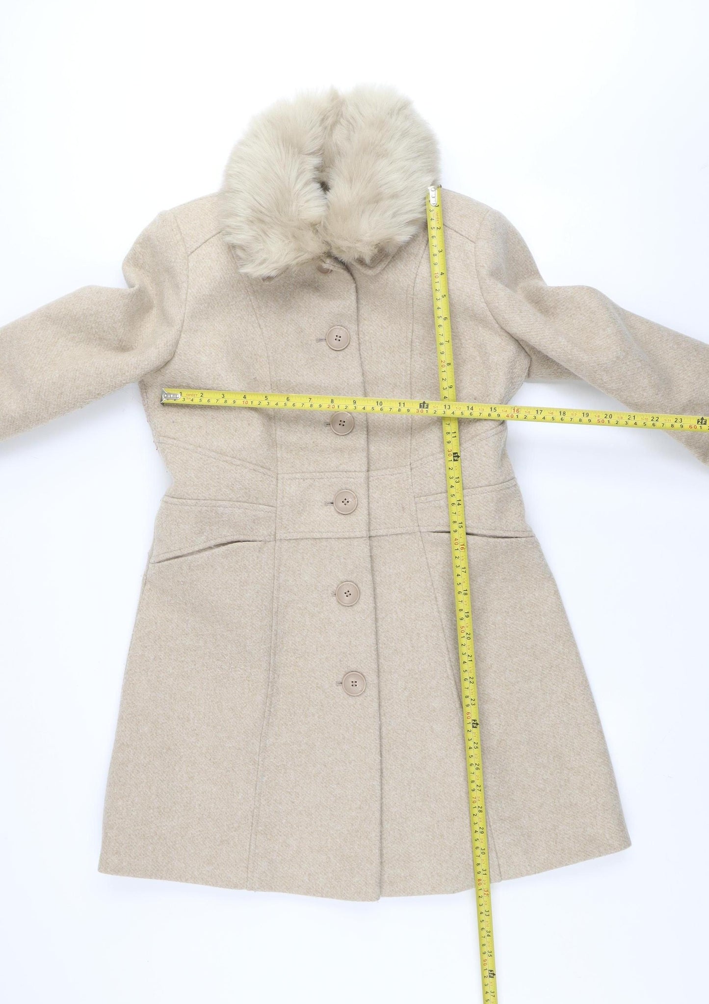Oasis Women's Beige Faux Fur Collar Mid-Length Overcoat Size M