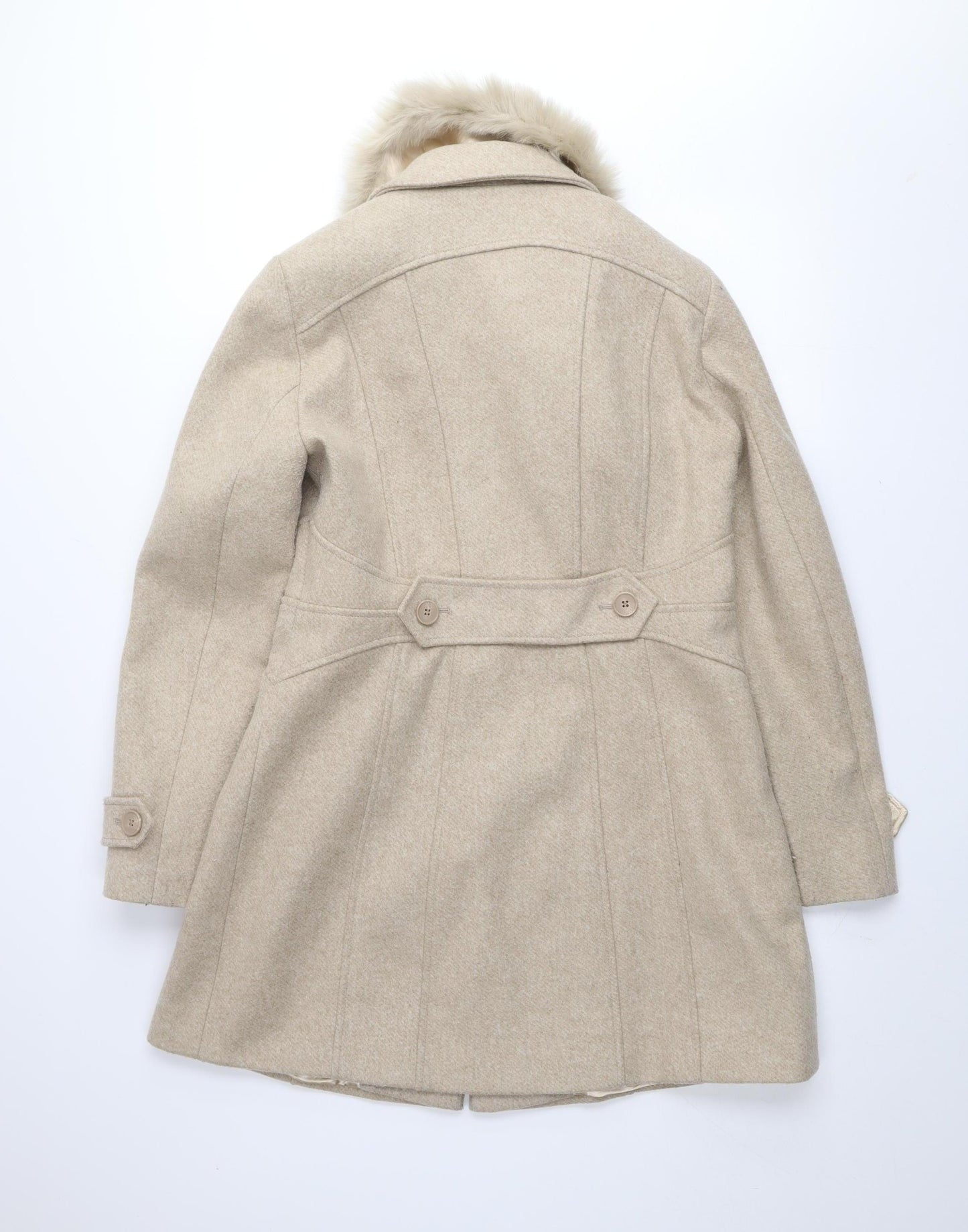 Oasis Women's Beige Faux Fur Collar Mid-Length Overcoat Size M