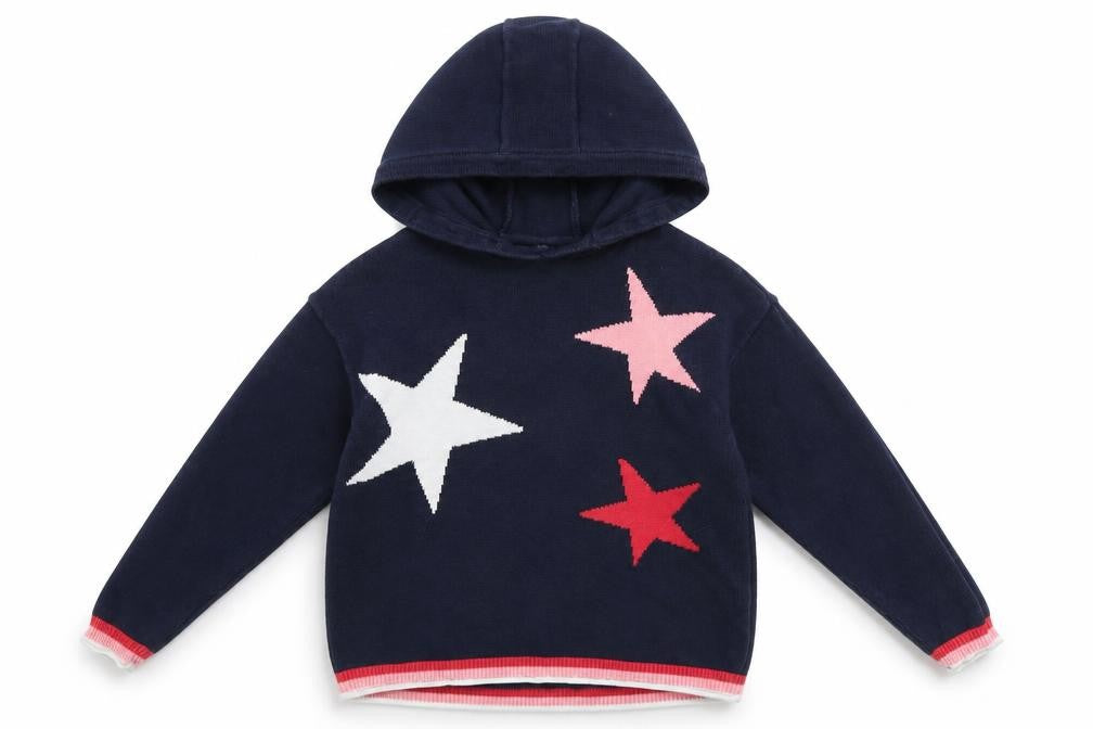 Front view of Next girls’ blue star knit pullover hoodie 9 years cotton blend