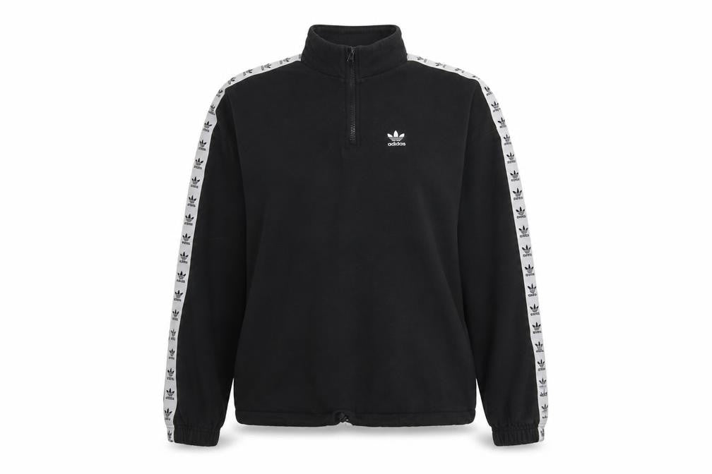 Front view of Adidas women’s black 1/4 zip sweatshirt, size UK 10, cotton blend