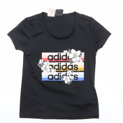 Adidas Girls Black Floral Logo Sports T-Shirt 9-10 Years