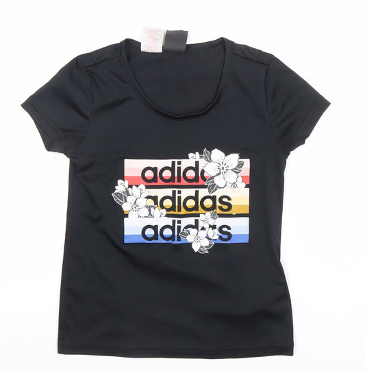Adidas Girls Black Floral Logo Sports T-Shirt 9-10 Years