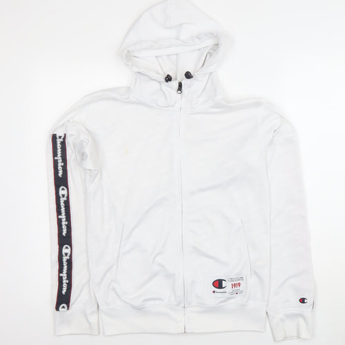 Champion Men White Full Zip Hoodie S Logo Sports Polyester