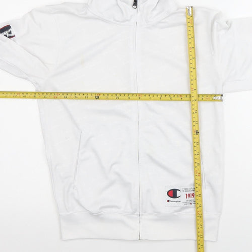 Champion Men White Full Zip Hoodie S Logo Sports Polyester