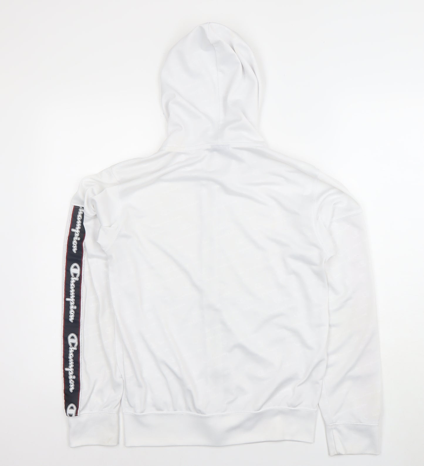 Champion Men White Full Zip Hoodie S Logo Sports Polyester