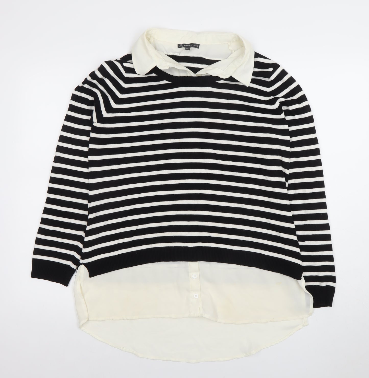 Adrianna Papell Women’s Black Striped Collared Long Sleeve Jumper L