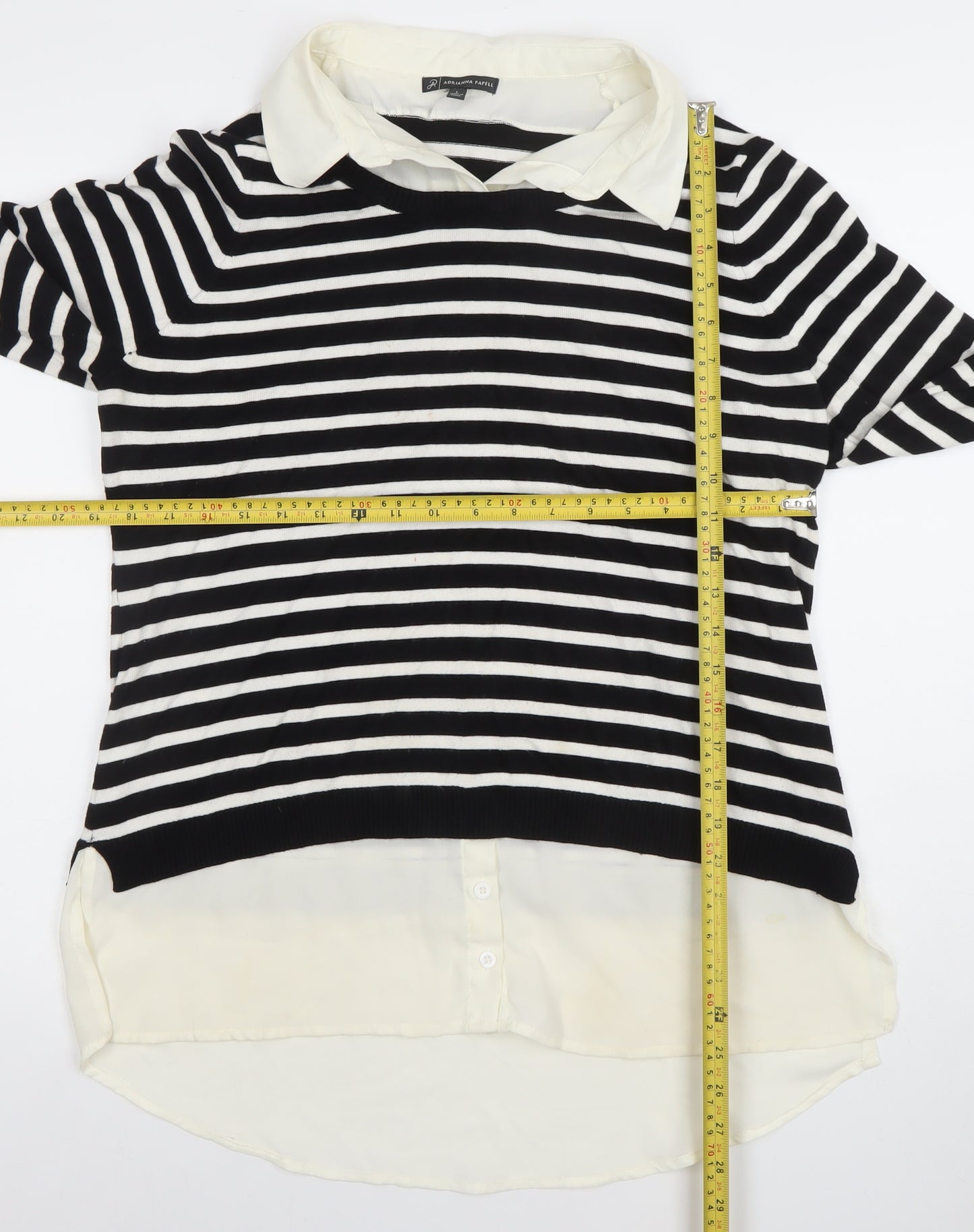 Adrianna Papell Women’s Black Striped Collared Long Sleeve Jumper L