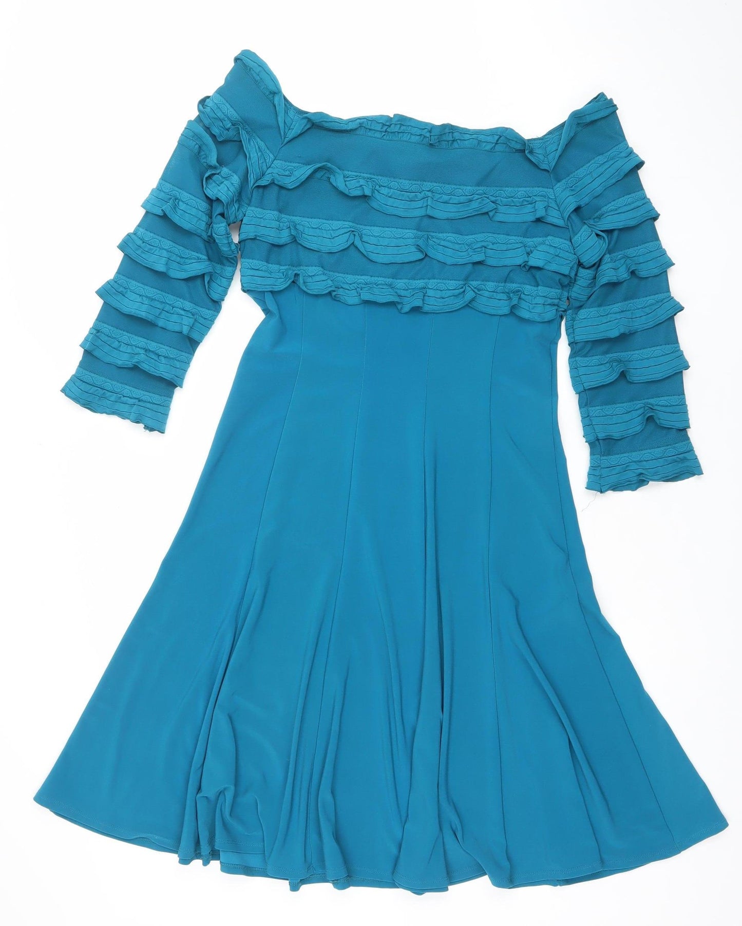 Frank Lyman Women's Blue Off Shoulder Ruffle Asymmetric Bodycon Dress Size 8