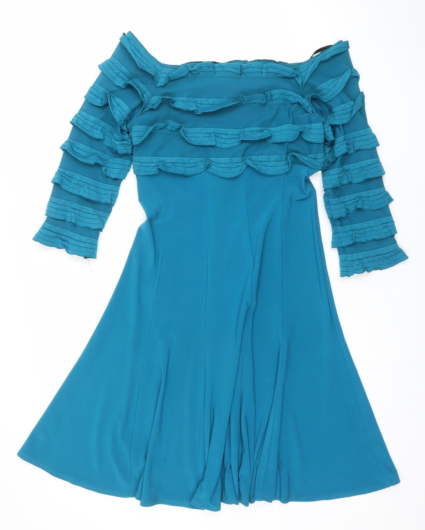 Frank Lyman Women's Blue Off Shoulder Ruffle Asymmetric Bodycon Dress Size 8