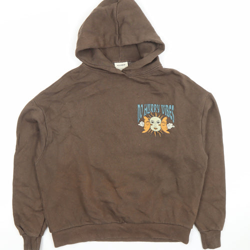 Pull & Bear Women Brown XS Pullover Hoodie No Hurry Vibes Graphic Print