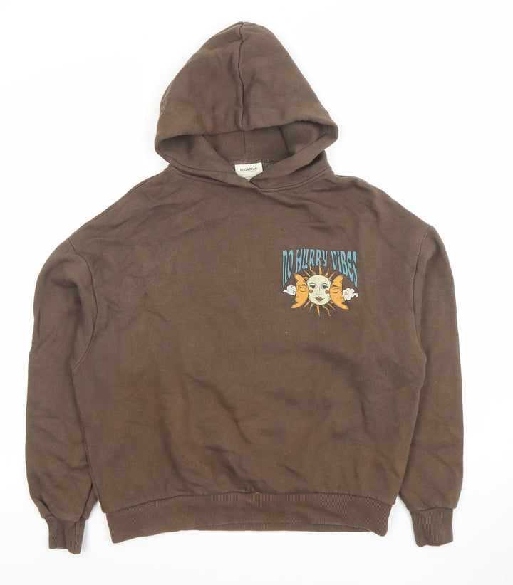 Pull & Bear Women Brown XS Pullover Hoodie No Hurry Vibes Graphic Print