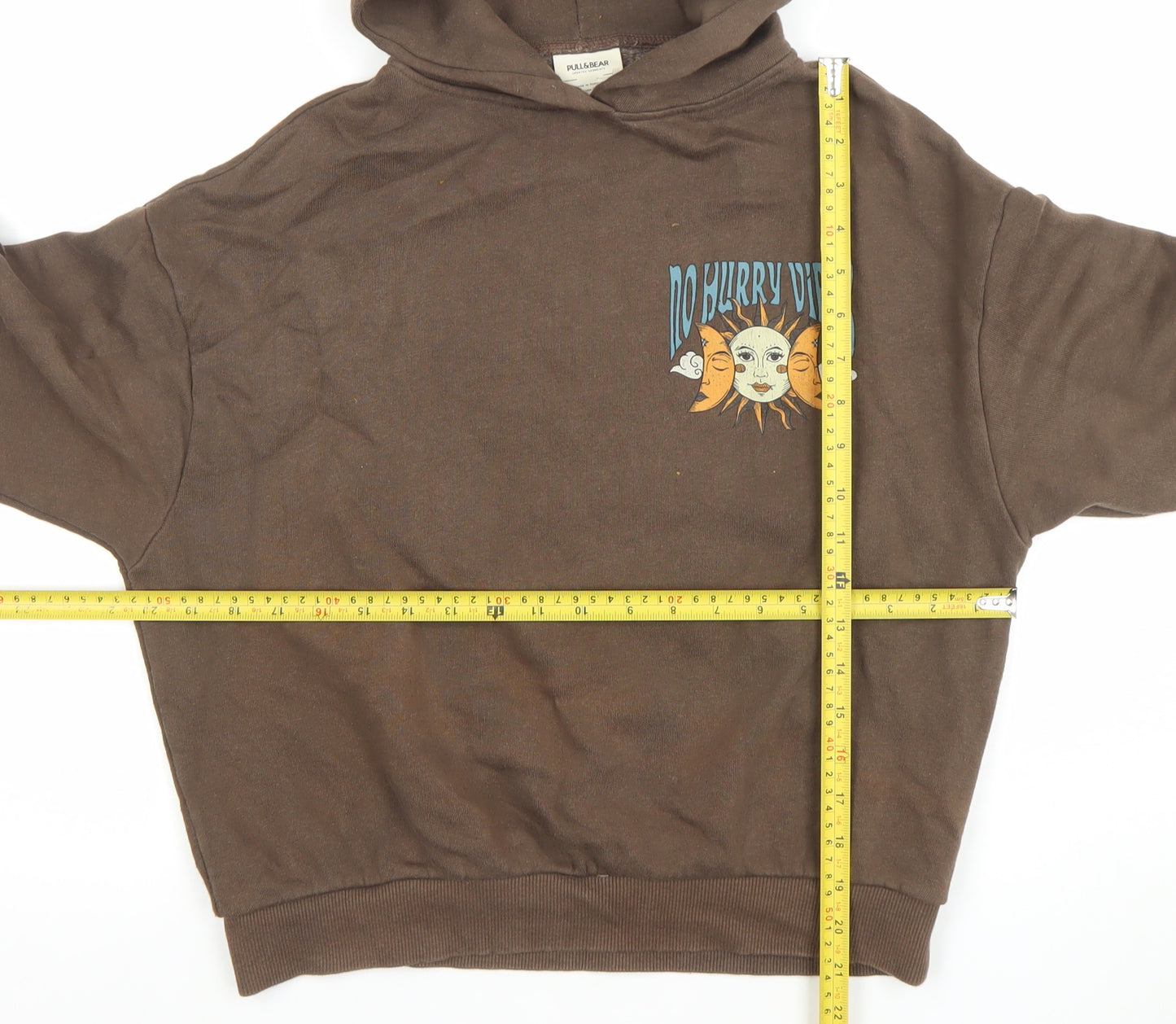 Pull & Bear Women Brown XS Pullover Hoodie No Hurry Vibes Graphic Print