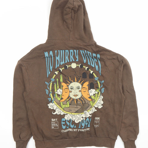 Pull & Bear Women Brown XS Pullover Hoodie No Hurry Vibes Graphic Print
