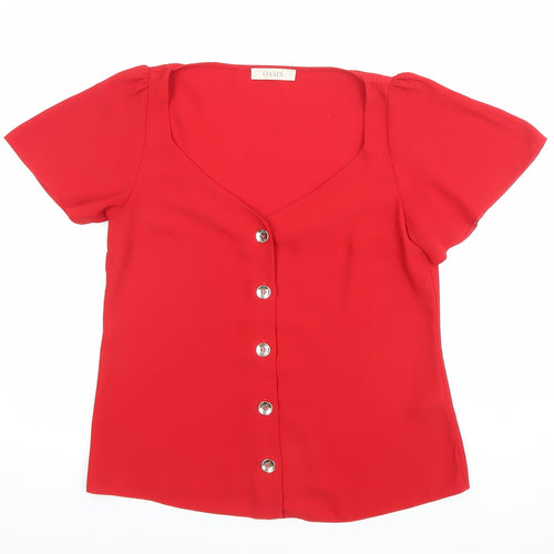 Oasis Women Red Short Sleeve V-Neck Button Blouse Size 10