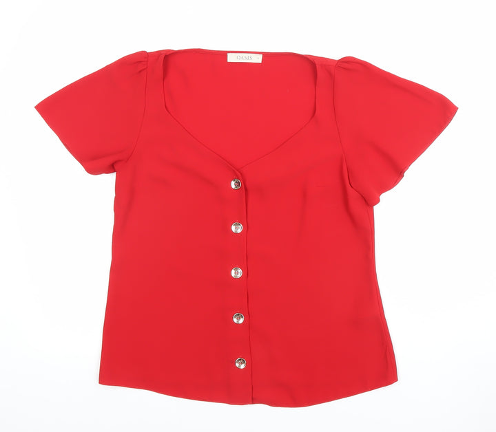 Oasis Women Red Short Sleeve V-Neck Button Blouse Size 10