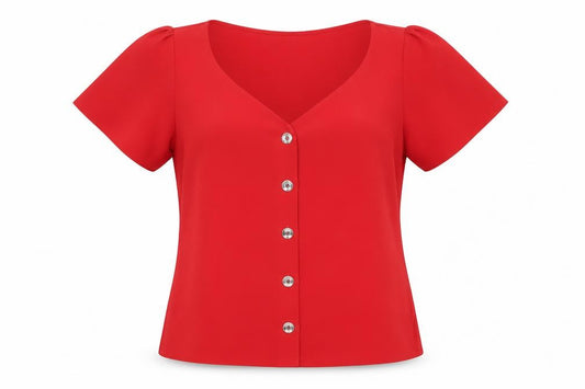 Front view of Oasis Women Red Short Sleeve V-Neck Button Blouse, size 10