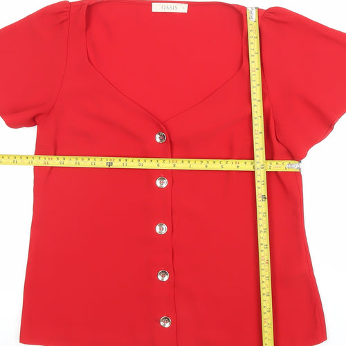 Oasis Women Red Short Sleeve V-Neck Button Blouse Size 10