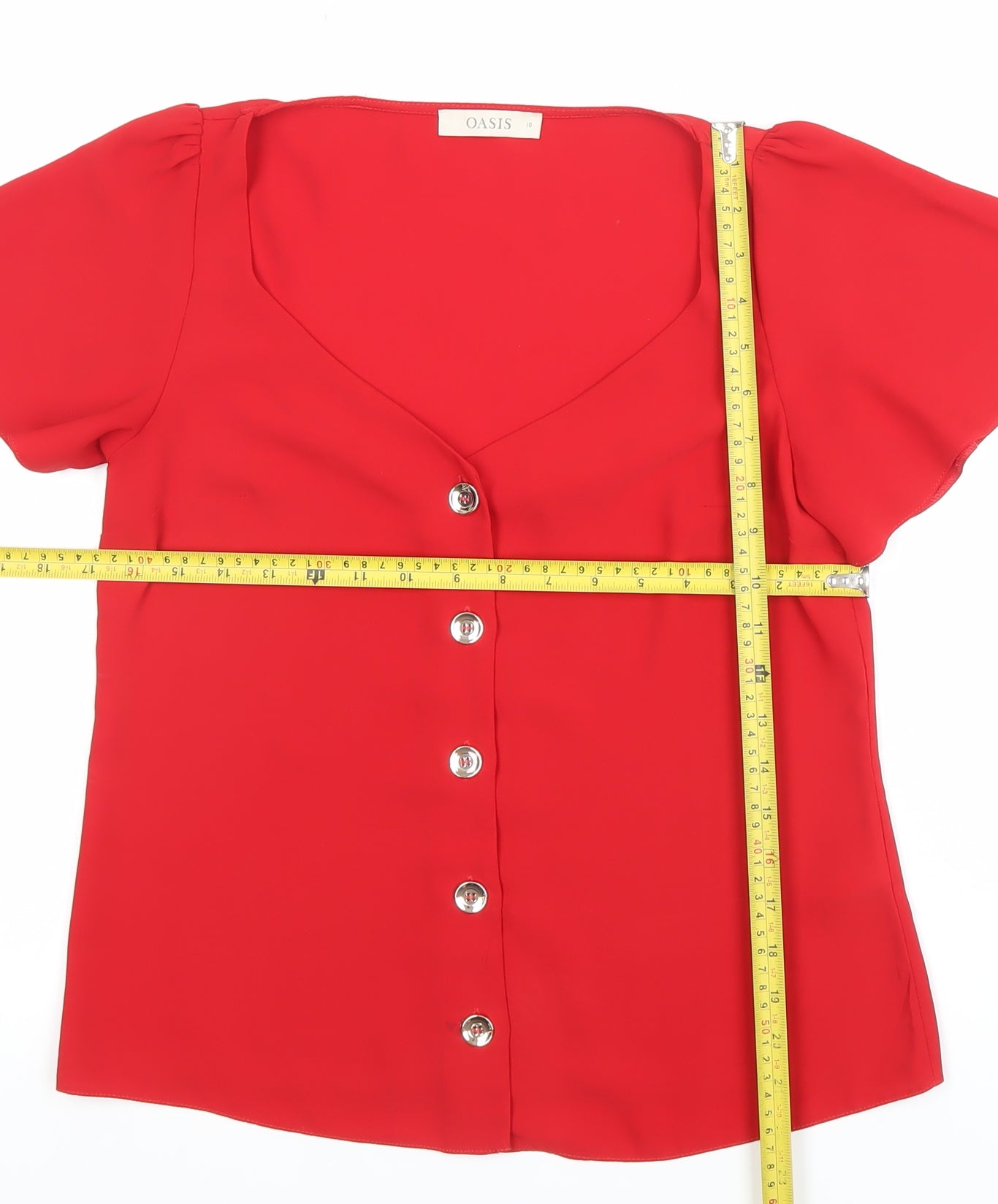 Oasis Women Red Short Sleeve V-Neck Button Blouse Size 10