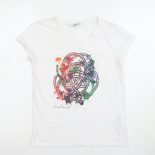 Traditional Craftwear Women White Ireland V-Neck T-Shirt Size 10 Celtic Print
