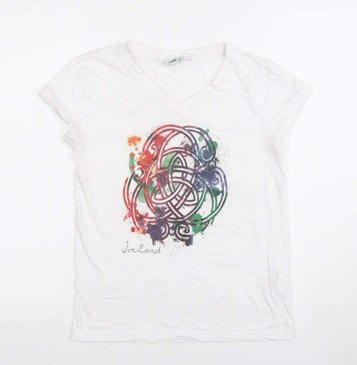 Traditional Craftwear Women White Ireland V-Neck T-Shirt Size 10 Celtic Print