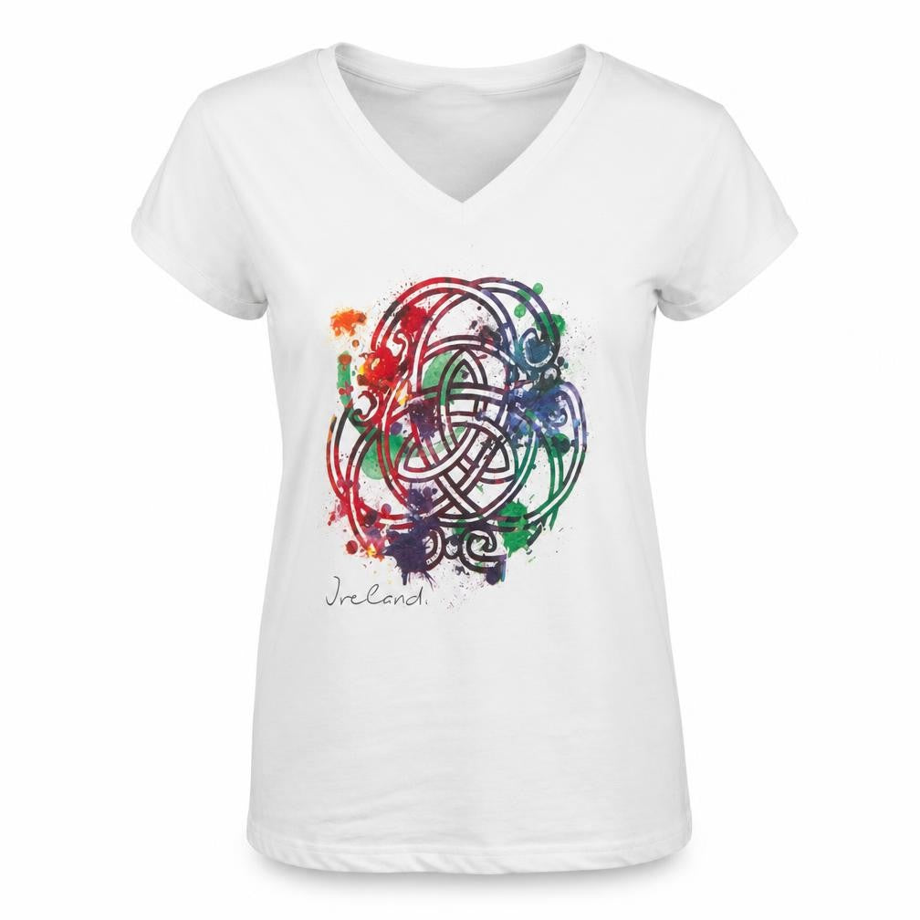 Traditional Craftwear Women White Ireland V-Neck T-Shirt Size 10 Celtic Print
