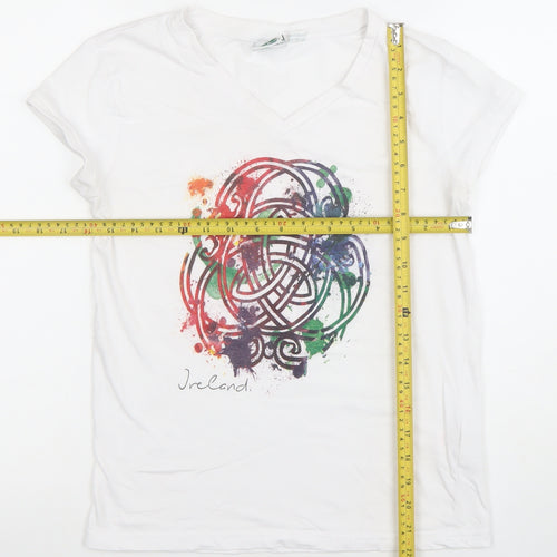 Traditional Craftwear Women White Ireland V-Neck T-Shirt Size 10 Celtic Print