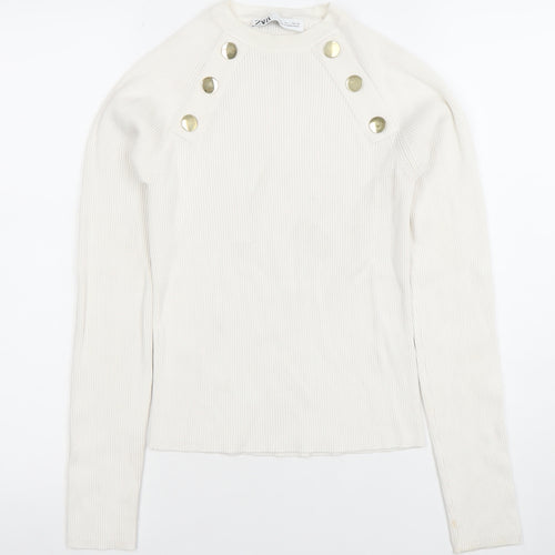 ZARA Women Ivory Long Sleeve Ribbed Button Knit Top Size L